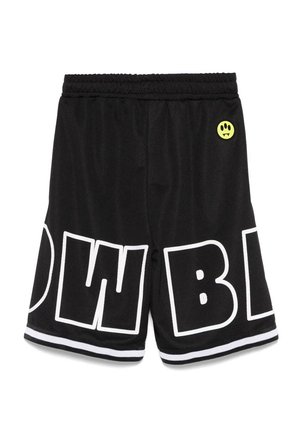 Pantaloncini da basket neri con scritta bianca in grassetto sulle gambe e piccolo logo giallo di faccina sorridente vicino alla vita.