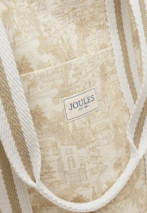 Beež ja valge poekott triibuliste sangade ja detailse toile-mustriga, mis kujutab hooneid ja puid, silt "JOULES - EST. 1989."