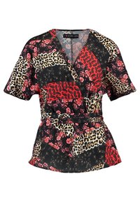 Wrap-style bluse med en blanding af blomster- og dyreprint i røde, sorte og gyldne nuancer. Korte ærmer og en bælteomskåret talje.
