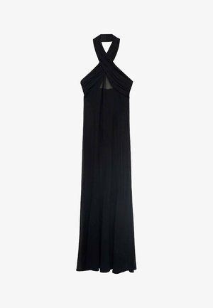 Schwarzes Maxi-Kleid mit Halter-Nacken und einem verdrehten Oberteil, das einen fließenden Rock und eine weiche Stofftextur aufweist. Keine sichtbaren Muster oder Metallteile.