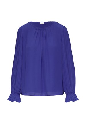 Purple blouse with long sleeves, pleated detail, round neckline, and gathered cuffs. Lightweight, smooth fabric with a subtle sheen.