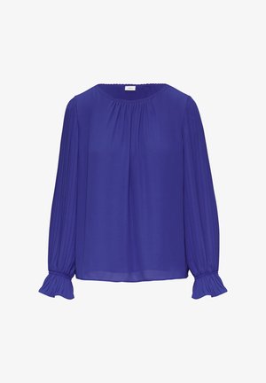 Lila Bluse mit langen Ärmeln, plissiertem Detail, rundem Halsausschnitt und gerafften Bündchen. Leichtes, glattes Material mit subtiler Strahlkraft.