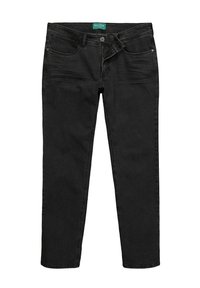 Jeans de mezclilla negra con corte slim, cinco bolsillos, un ligero desgaste y cierre de botón. Fabricados con una resistente tela de algodón.