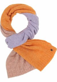 Écharpe multicolore présentant des sections orange, lavande et rose. Texture tricot douce avec des accents côtelés. Design en boucle pour un port facile.