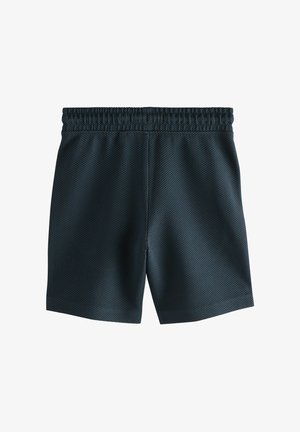 Donkergroene sportieve shorts van gestructureerde stof met een elastische tailleband en een subtiel meshpatroon.