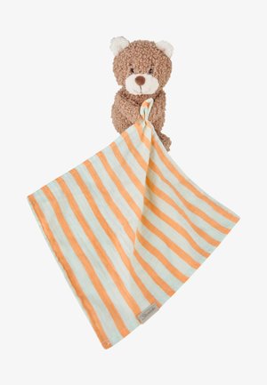 Brown teddy bear attached to a soft square blanket with orange and white stripes, holding the corner in a knot.
