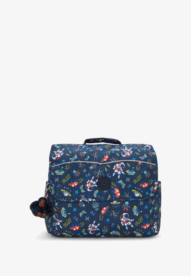 Marineblå rygsæk med legesyge robot- og spillekonsol mønstre. Blød stof med en plyschabe charme fastgjort. Lynlås lomme foran.