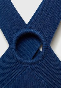 Navy blue elastic strap with ribbed texture, featuring a circular ring where two straps intersect, highlighting a cross design.