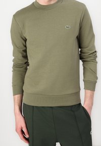 Sudadera verde olivo con mangas largas, puños y dobladillo acanalados. Presenta un pequeño logo bordado en el pecho. Está hecha de material suave.