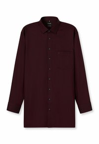 Langärmliges Hemd in dunklem Burgunderrot, aus glattem Stoff gefertigt. Verfügt über eine durchgehende Knopfleiste, einen Kragen und eine Brusttasche mit einem kleinen Logodesign.