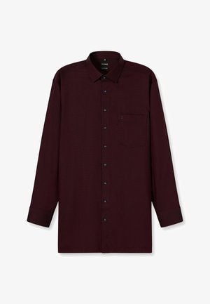Langärmliges Hemd in dunklem Burgunderrot, aus glattem Stoff gefertigt. Verfügt über eine durchgehende Knopfleiste, einen Kragen und eine Brusttasche mit einem kleinen Logodesign.