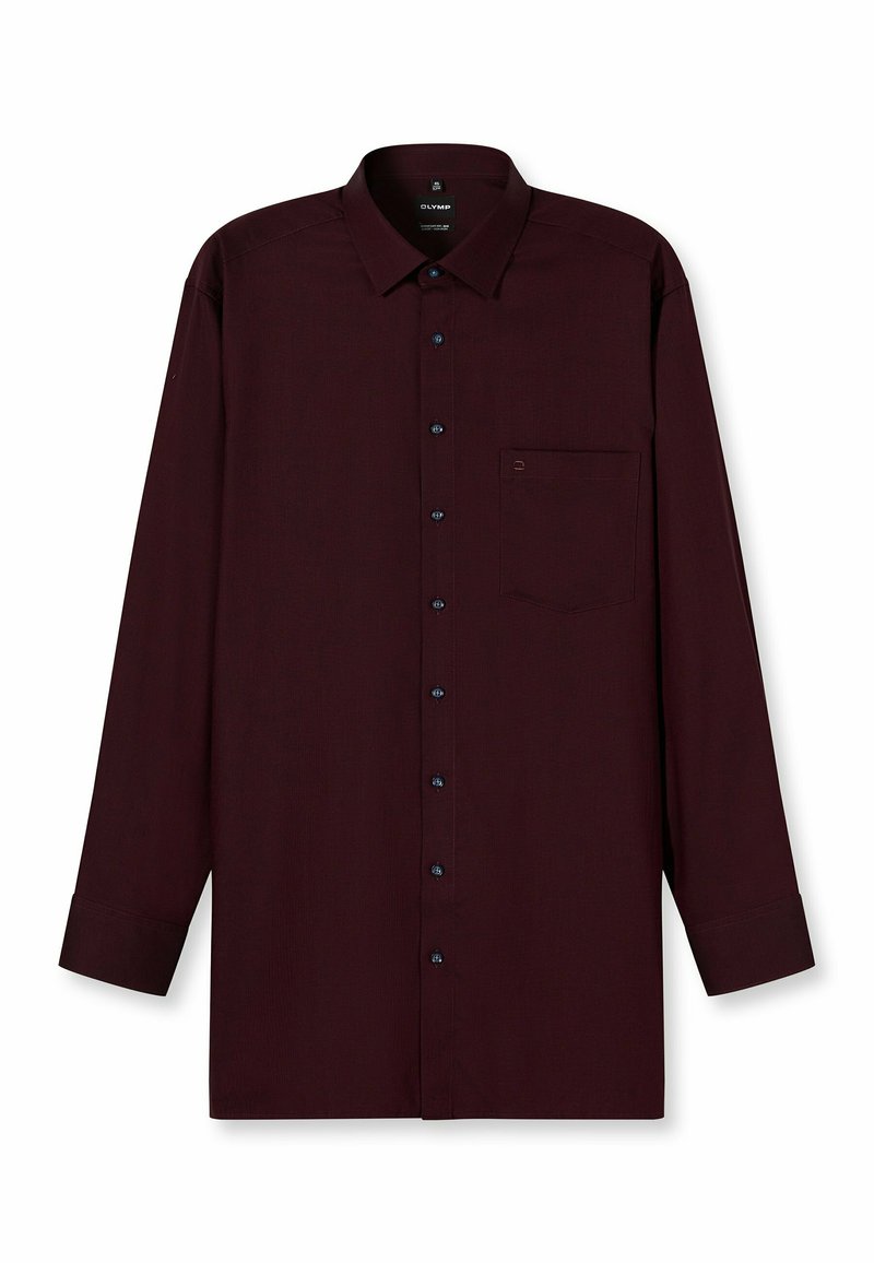 Langärmliges Hemd in dunklem Burgunderrot, aus glattem Stoff gefertigt. Verfügt über eine durchgehende Knopfleiste, einen Kragen und eine Brusttasche mit einem kleinen Logodesign.