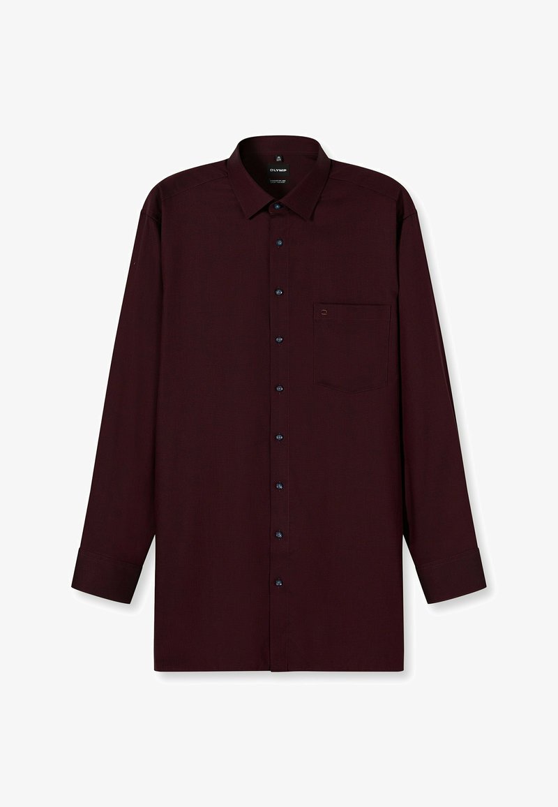 Langärmliges Hemd in dunklem Burgunderrot, aus glattem Stoff gefertigt. Verfügt über eine durchgehende Knopfleiste, einen Kragen und eine Brusttasche mit einem kleinen Logodesign.