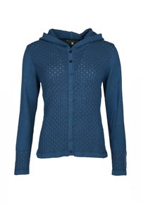 Blauer Strickcardigan mit Kapuze, der ein strukturiertes Muster, eine Knopfverschluss und lange Ärmel hat. Weiches Material mit gerippten Bündchen.