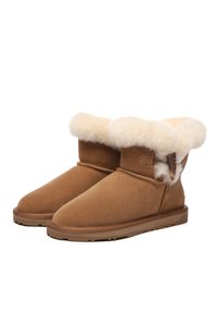 Brown suede ankle boots with a white sheepskin lining, soft texture, round toe, and a decorative button on the side. Flat rubber sole.