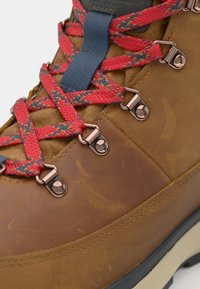 Bottines de randonnée en cuir marron avec des lacets à motifs rouges et bleus, œillets en métal et finition texturée. Elles disposent d'une semelle robuste et d'un col rembourré.