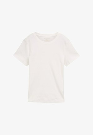 Camiseta blanca de manga corta hecha de algodón. Cuenta con un cuello redondo y una textura suave, diseñada para el uso informal.