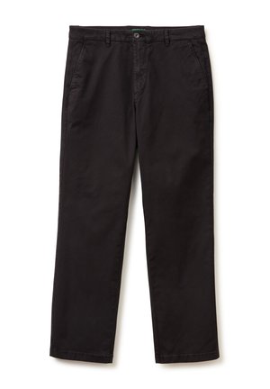 Pantaloni neri a gamba dritta con chiusura a bottone e zip, passanti per cintura e tasche laterali su sfondo bianco.