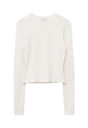 White long-sleeve sweater with a textured knit pattern. Features a round neck and cropped hem, made from a soft, lightweight fabric.