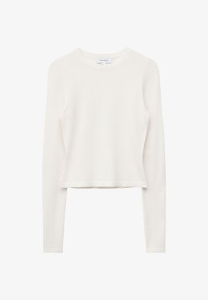 White long-sleeve sweater with a textured knit pattern. Features a round neck and cropped hem, made from a soft, lightweight fabric.