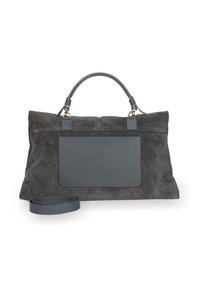 Czarna torba na ramię z zamszu z gładką skórzaną kieszenią z przodu, z uchwytem u góry i odczepianym paskiem na boku.