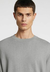 Hall halliülikonnast kampsun ümmarguse kaelusega, millel on soonilised krae ja mansetid. Pehme tekstuur, näidatud lühikeste juuste ja kõrvarõngastega modellil.