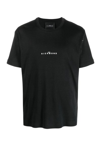 T-shirt in cotone nero con maniche corte, collo tondo e testo logo bianco "John Richmond" stampato sulla parte anteriore. Texture liscia.