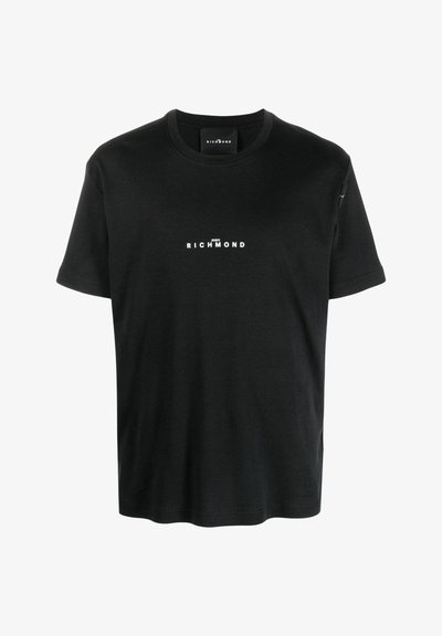 T-shirt in cotone nero con maniche corte, collo tondo e testo logo bianco "John Richmond" stampato sulla parte anteriore. Texture liscia.