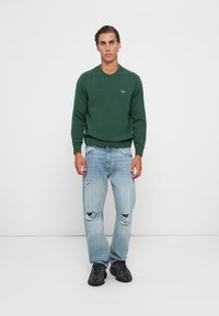 Pulover verde tricotat cu gât rotund, asortat cu jeanși deshi blu, ciobiți, și adidași negri. Remarcabil printr-un mic logo pe pulover.