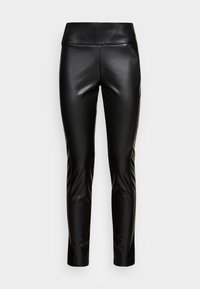 Leggings en cuir synthétique noir avec une texture lisse, un design ajusté et une taille élastique. Pas de coutures visibles ni de détails en métal.