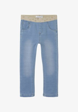 Vaaleansiniset farkut, joissa on kimalteleva beige joustava vyötärö, viidellä taskulla ja slim fit -muotoilu. Sujuva denimi, jossa on lievää haalistumista.