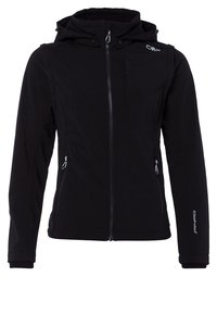 Veste softshell noire à capuche avec fermeture éclair frontale, deux poches latérales zippées, poche poitrine et texte « Clima Protect » sur la manche gauche.