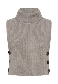 Szürke bordázott, ujjatlan garbó felső, testhezálló kialakítással és sötétbarna gombokkal a bal oldalon. Puha tapintású és laza stílusú.