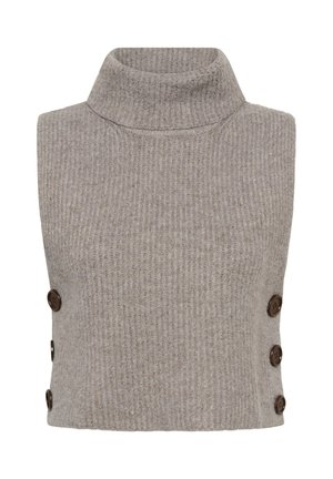 Grey ribbed sleeveless turtleneck top with a fitted design and dark brown buttons on the left side. Soft texture and casual style.