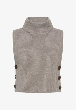 Grey ribbed sleeveless turtleneck top with a fitted design and dark brown buttons on the left side. Soft texture and casual style.