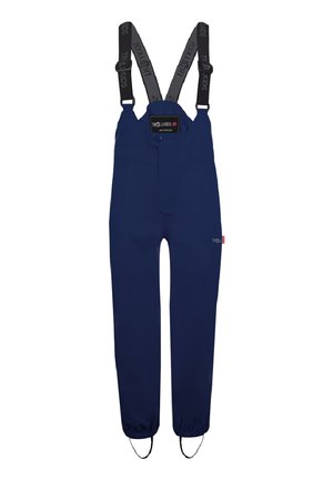 Navyblaue wasserdichte Kinderhosen mit verstellbaren schwarzen elastischen Trägern, mit dem Aufdruck "Trollkids", und Fußstreifen an den Knöchelbündchen.