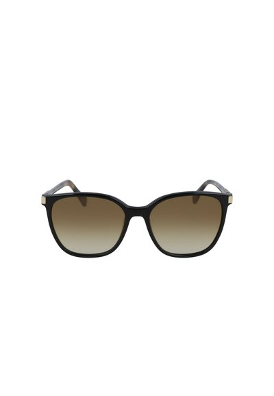 Schwarze Sonnenbrille mit übergroßen rechteckigen Rahmen, verlaufenden braunen Gläsern und goldfarbenen Akzenten an den Bügeln, die ein elegantes Design präsentieren.