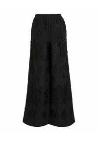 Schwarze weite Hose mit elastischem Bund und strukturiertem, floralem Stickmuster auf dem gesamten Stoff.