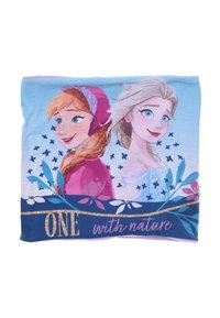 Tessuto azzurro chiaro con personaggi animati e un bordo floreale. Il testo "UNO con la natura" è in oro su uno sfondo blu scuro.