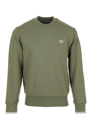 Felpa verde oliva a maniche lunghe con scollo tondo, polsini e orlo a coste, piccolo logo bianco con corona d'alloro sul petto sinistro.