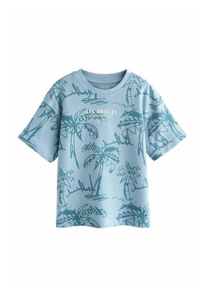 Blå småbørns-T-shirt med palmetræsskitser og teksten "Los Angeles California Since 1982" i hvid tværs over brystet.