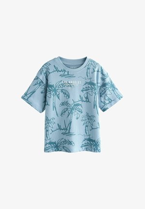 Tricou albastru pentru copil mic cu schițe de palmieri și textul „Los Angeles California Din 1982” scris cu alb pe piept.