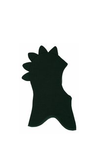 Balaclava verde tricotat cu detalii ascuțite de-a lungul marginii superioare, având o textură netedă și un design ajustat pentru căldură.