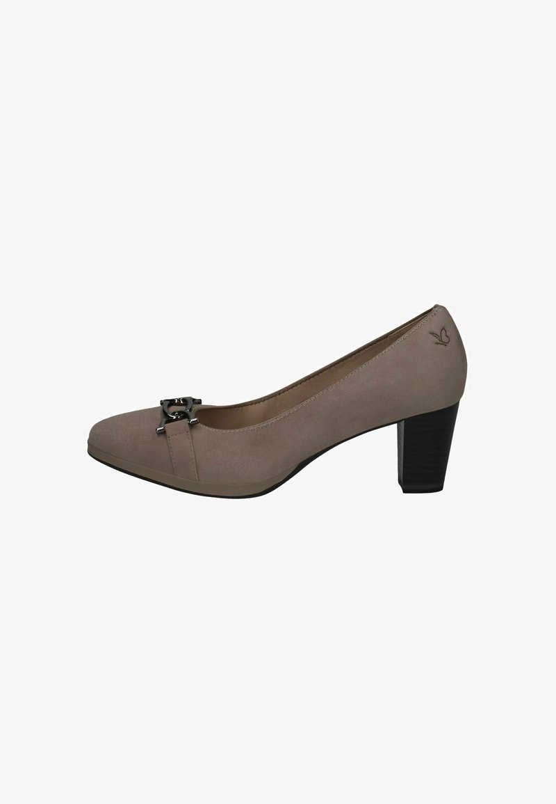 Heled hall suede kontsad, ümmarguse varbaga, must bloki konts, esiosas metalne pandik ja taga brändi logo.