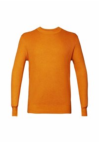 Pull orange en maille à manches longues avec col rond et poignets et ourlet côtelés, présenté sur un fond blanc.