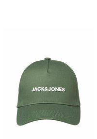 Grøn bomulds-baseballcap med en buet skygge og broderet "JACK & JONES" logo i hvidt på frontpanelet. Glat tekstur og struktureret design.