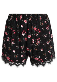 Schwarze lockere Shorts mit pinkem und weißem Blumenmuster und Spitzenbesatz am Saum, ausgestattet mit einem elastischen Bund.