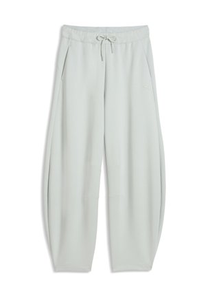 Lysegrå løstsiddende joggingbukser med elastisk talje og snøre, med sidelommer og et lille logo på låret.