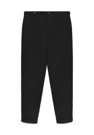 Pantalon noir fuselé avec ourlets revers et détails de boutons à la ceinture, posé à plat sur un fond blanc.