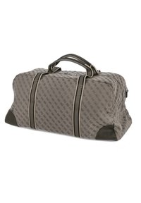 Dufflebag i gråt stof med et monogrammønster, med sorte læderdetaljer og to håndtag, struktureret rektangulær form.